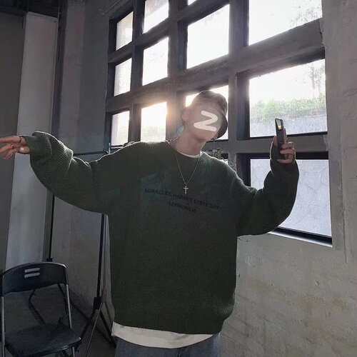 Men's Stylish Korean Version Ins Hong Style Hooded Sweatshirt Couple Trendy Lazy Round Neck Letter Embroidered Loose Knit Top