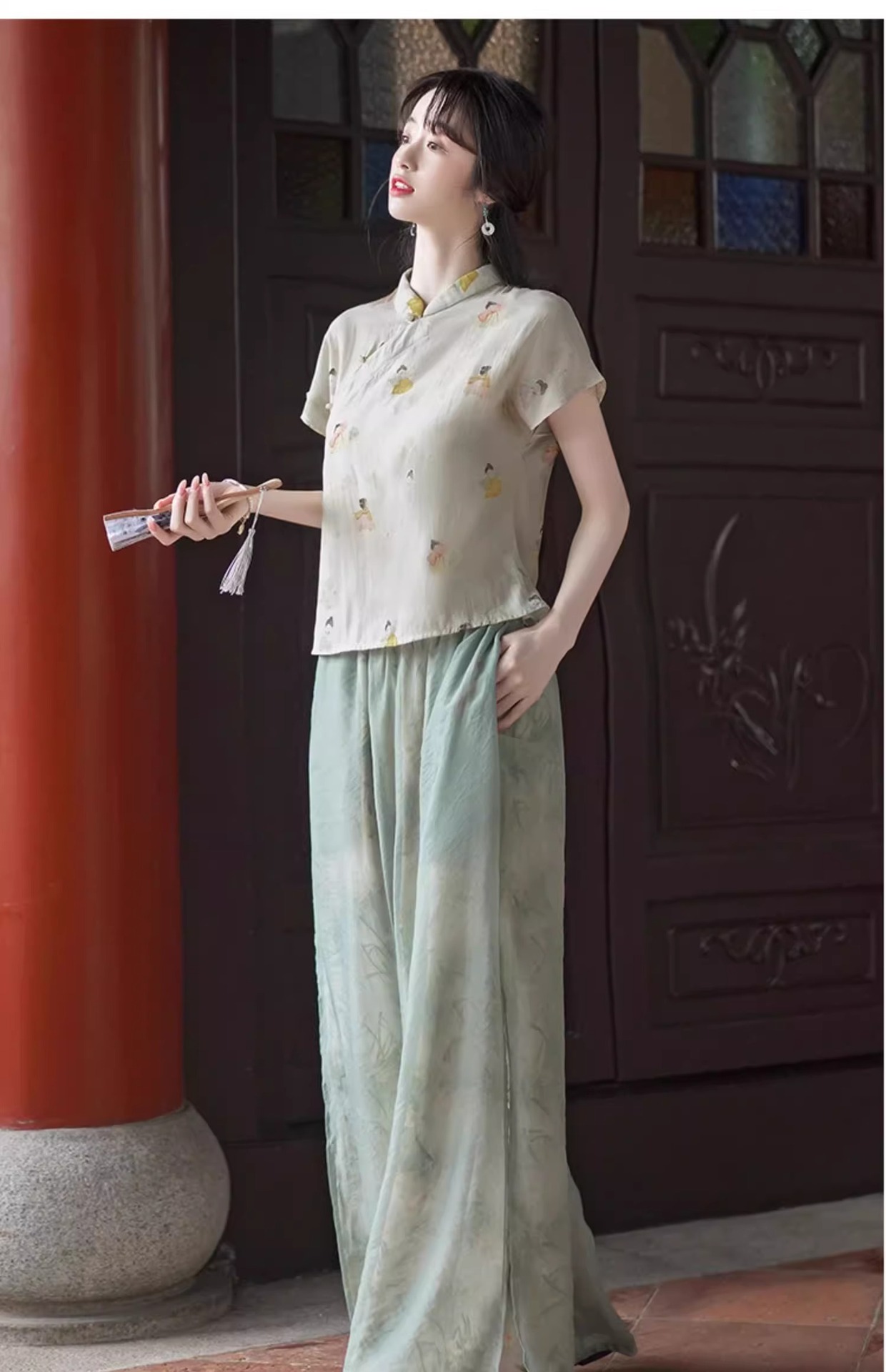 Áo sơ mi in hoa cổ điển kiểu Trung Quốc mùa hè, cổ đứng, tay ngắn, phong cách quốc phong — Áo chi tiết 13