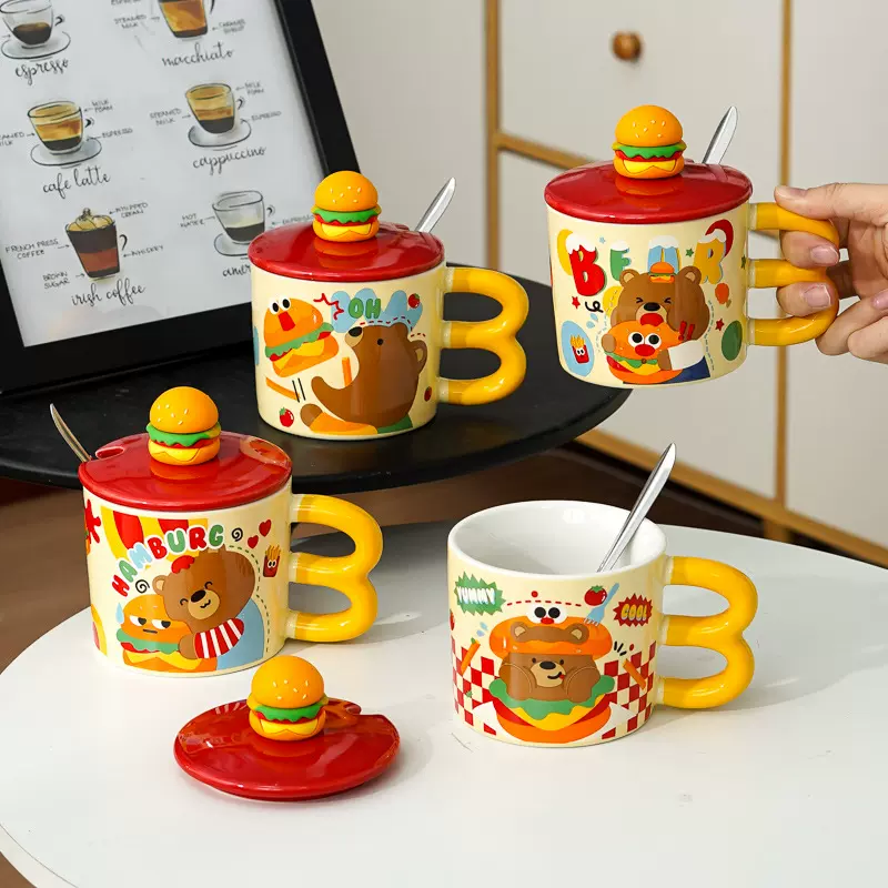 汉堡杯带盖陶瓷杯带勺马克杯卡通高颜值杯子办公室情侣水杯耐高温