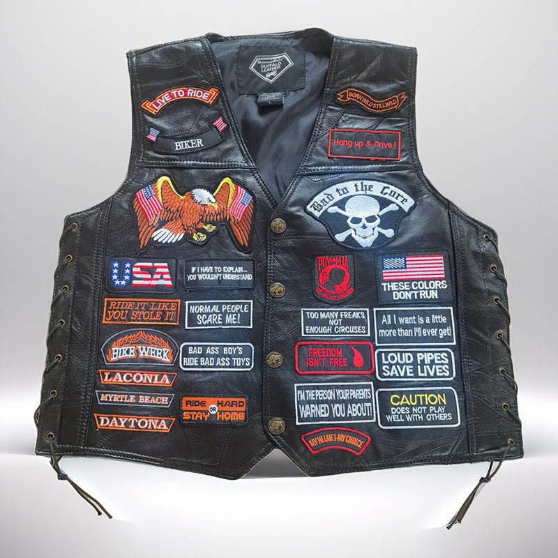American Harley Leather Vest, Cycling Vest, 42 Embroidered Badges, Sheepskin Patchwork Leather Vest for Men, Inner Wear American Harley Leather Vest, Cycling Vest, 42 Embroidered Badges, Sheepskin Patchwork Leather Vest for Men, Inner Wear
