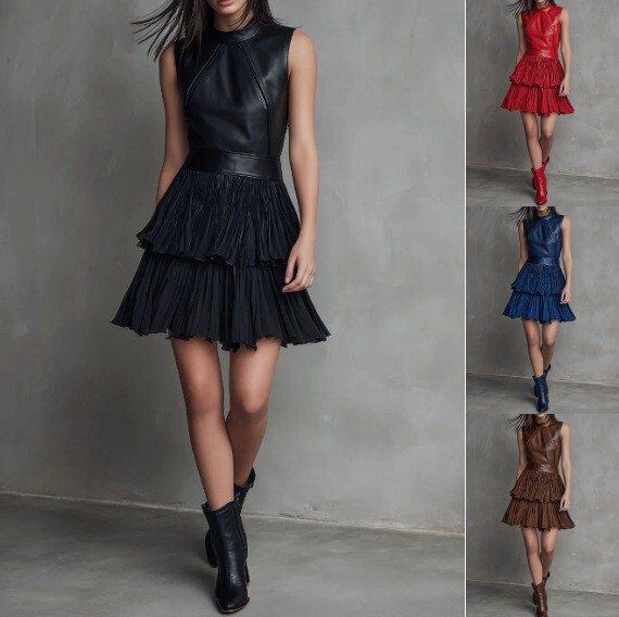 European and American Cross-Border Foreign Trade 2026 Spring/Summer New Style Amazon Tk Independent Site Women's Leather Double-Layer Dress