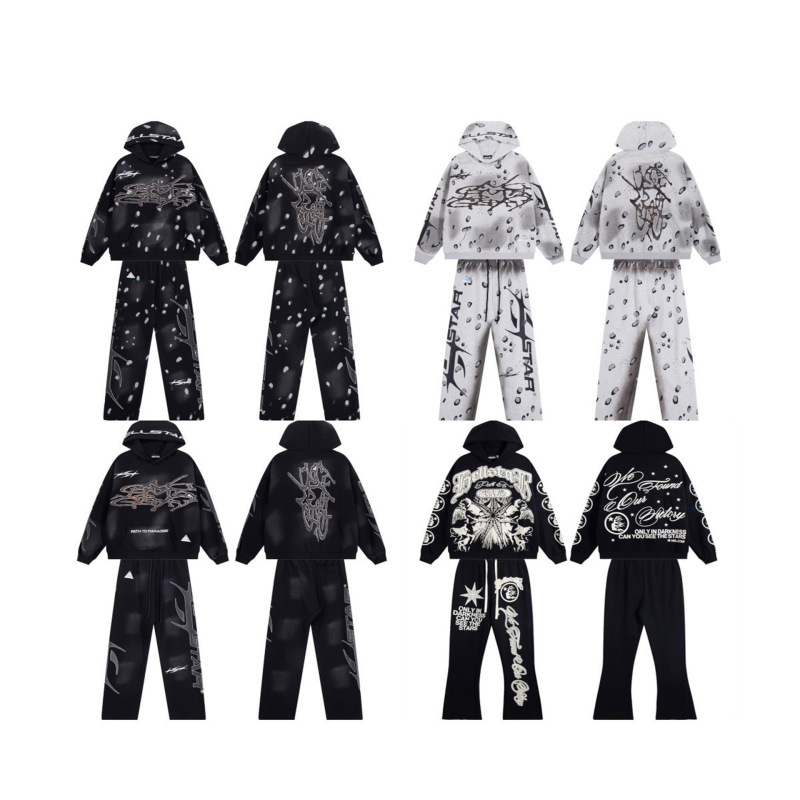 Cross-Border Nfc Hell Star Trendy Brand Washed Vintage American Retro High Street Loose-Fit Hooded Sweatshirt Set for Men and Women