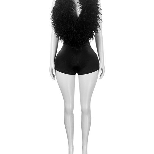 HR25026 European and American fashionable casual women's clothing elegant fur deep V hanging neck sexy fashionable one-piece shorts women