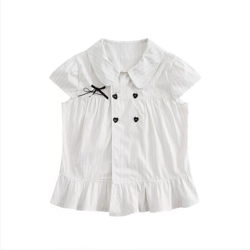 Bow-Tie College Style Pink Doll Collar Striped Shirt Women's Short-Sleeved Summer Shirt Sweet and Age-Reducing Cute Top Bow-Tie College Style Pink Doll Collar Striped Shirt Women's Short-Sleeved Summer Shirt Sweet and Age-Reducing Cute Top