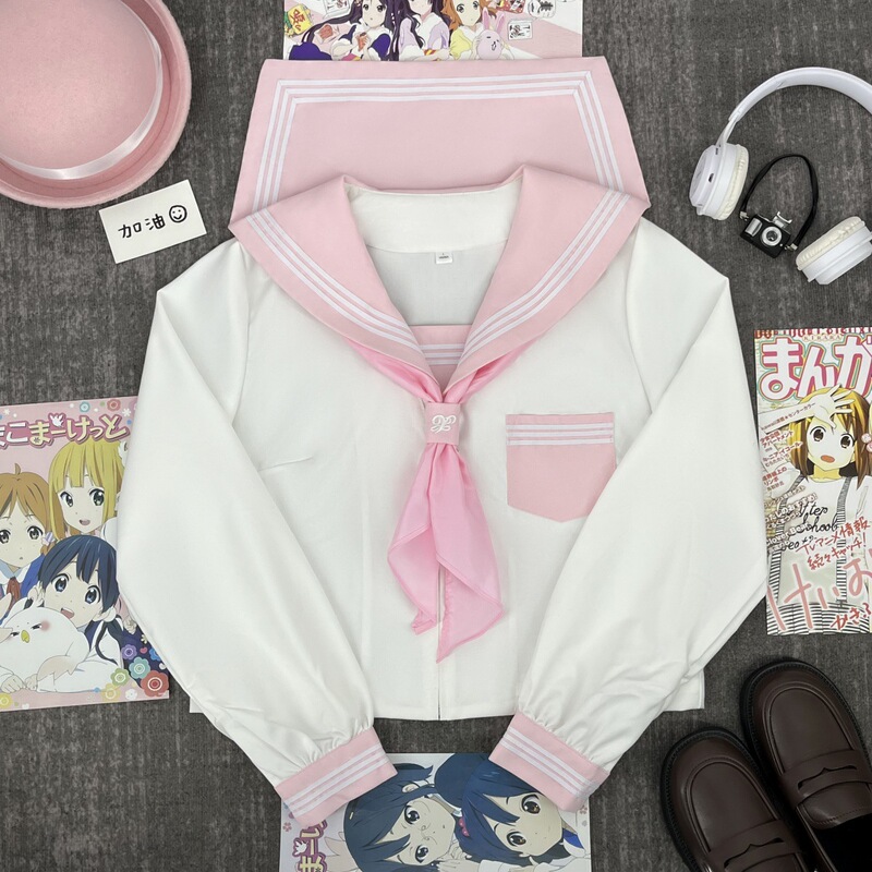 オリジナル JK 制服ピンク襟白三セーラー服本物の日本のカレッジスタイル夏秋女子学生クラス制服中間服|undefined