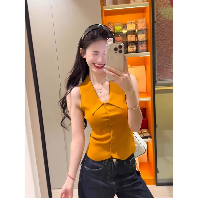 Bright Retro Polo Collar Knitted Vest for Women, Summer Hot Girl Style Outerwear, Single-Breasted, Waist-Cinching, Slimming Sleeveless Top