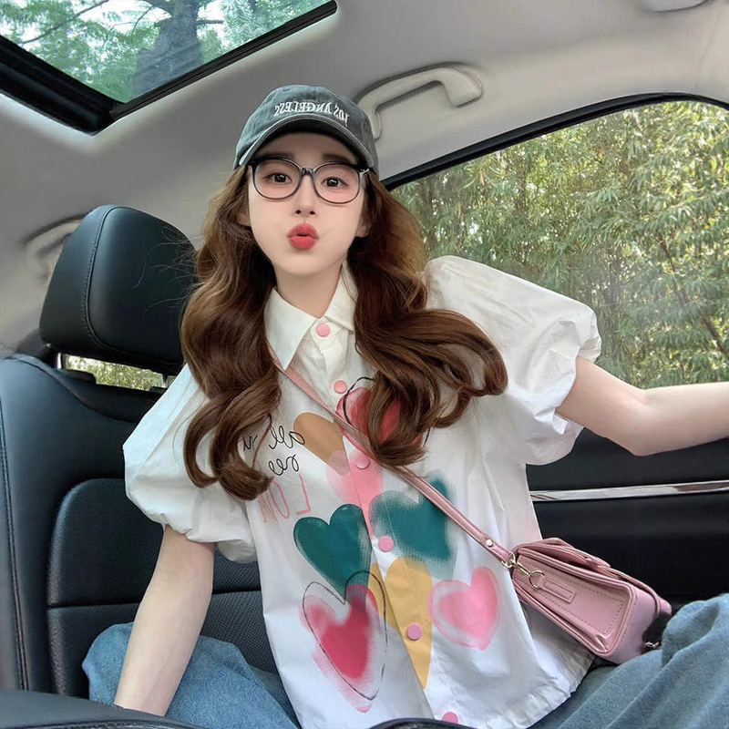 Sweet Style Colorfulful Heart Pure Cotton Polo Collar Shirt for Women, High-End Puff Sleeves, Loose Slimming Look Top, Trendy