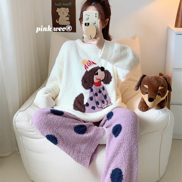 Pinkweo Cartoon Polka Dot Dog Soft Home Clothes Set Women's Autumn and Winter Warm Thickened Half Velvet Pajamas