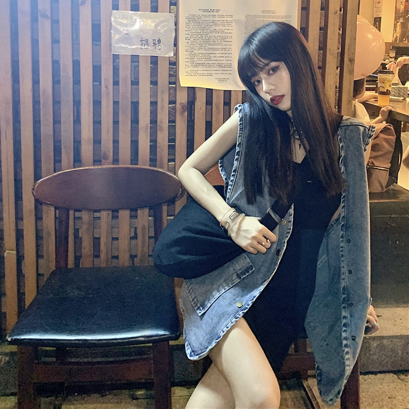 Sleeveless Denim Vest for Women, Spring and Summer Workwear, Retro Loose Waistcoat Top, Mid-Length Outer Vest, Thin Jacket