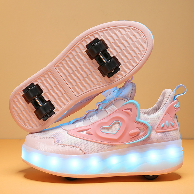 Children's Four-Wheel Rechargeable Light-Up Roller Skates for Girls, Eight-Wheel Skates for Students, Light-Up Wheels