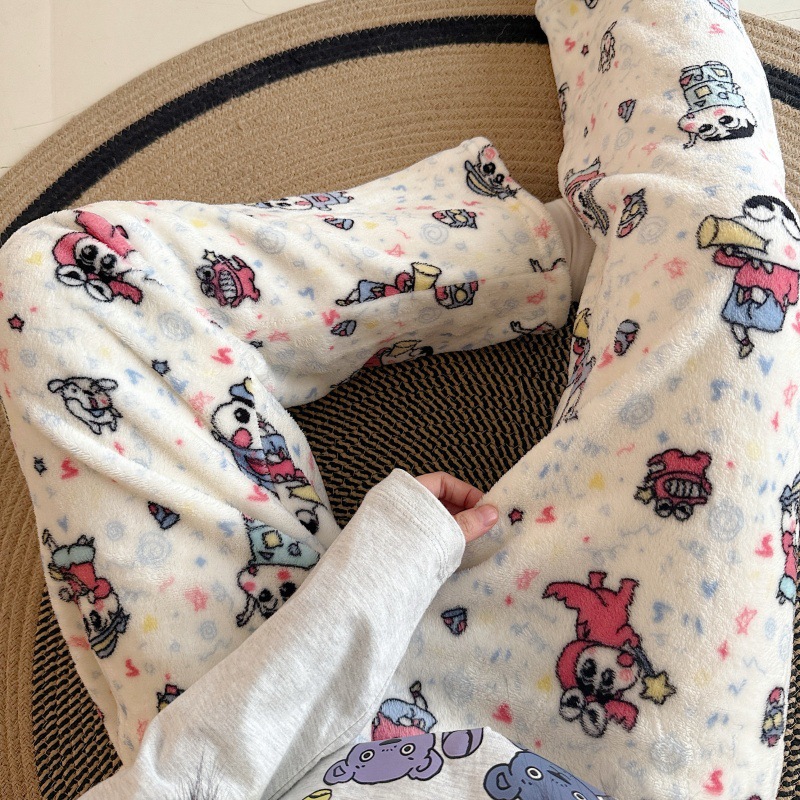 Pantalones de pijama de franela de dibujos animados de otoño y invierno para mujeres con pantalones de lana de coral caliente para estudiantes de lana de invierno para el hogar