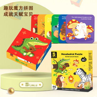 Wooden 3D Stereo Six-Sided Drawing Puzzle 3-6 Boys and Girls Kidsren's Toys Early Education Wooden Animal Puzzle Building Blocks
