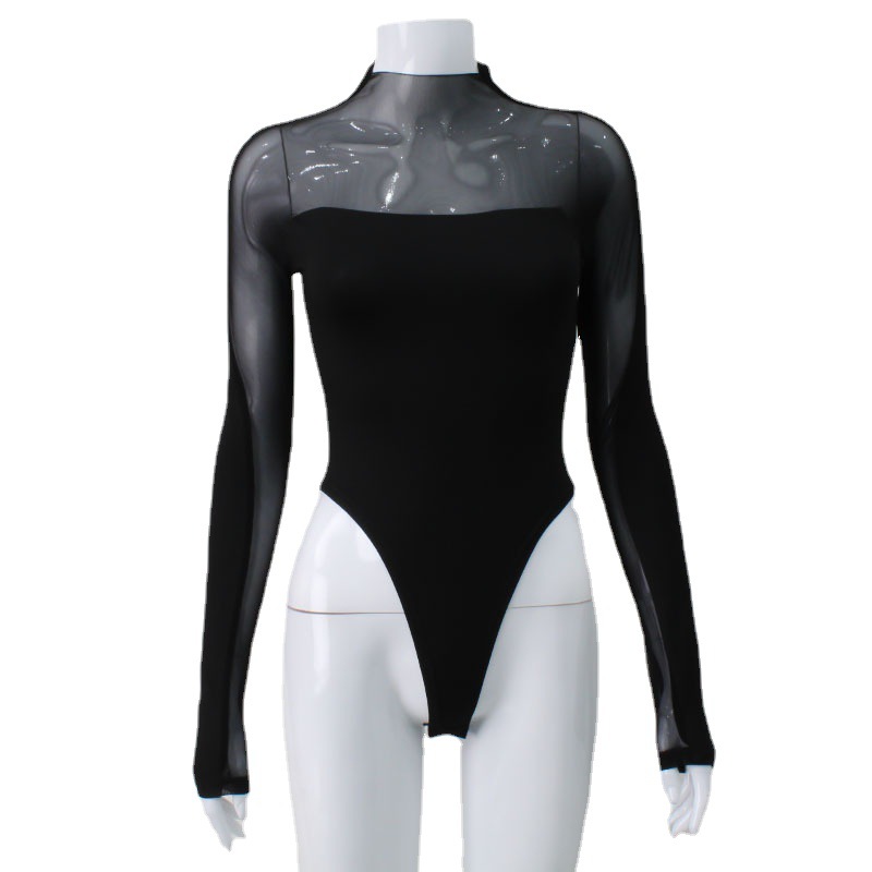 Comercio exterior europeo y americano ropa de mujer AliExpress venta caliente malla sexy costura de manga larga delgada alta elástico moda mono top
