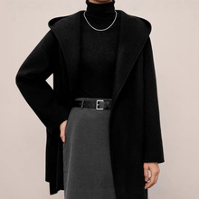 2025冬季新款宽松羊毛羊绒双面呢中长款连帽大衣外套女