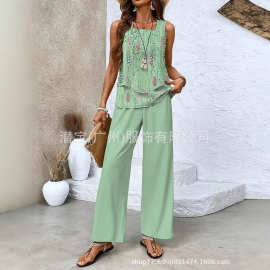 2025 现货新款跨境外贸欧美女装 爆款无袖双层背心裤子套装两件套