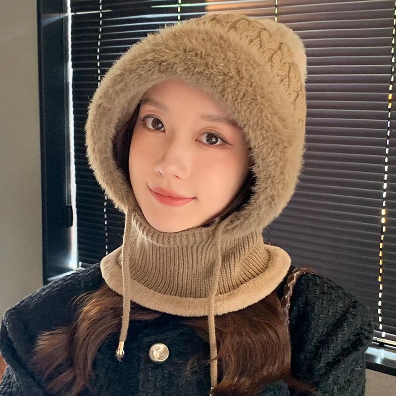 新款连体帽女冬季骑行加绒加厚遮脸护耳针织帽子围脖口罩保暖套件|undefined