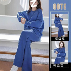 高级感韩系一整套ootd穿搭又a又飒早秋休闲蓝色卫衣套装裤子女士