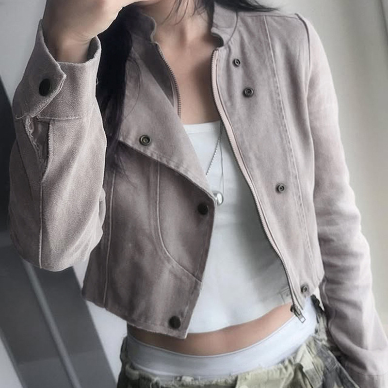 欧美秋冬新款甜酷帅气灰色麂皮机车服外套女辣妹修身短款立领夹克|undefined