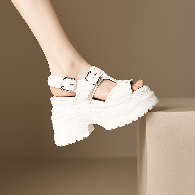 Sandal cao gót nữ đế xuồng 12 cm hở mũi phong cách La Mã — màu đen, màu trắng ngà