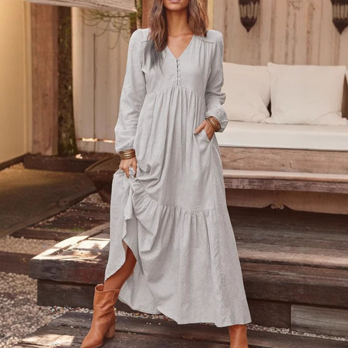  Autumn/Winter European and American Foreign Women's Button Cotton Linen Retro Casual Long-Sleeve Dress with Full Skirt in Multiple Colors