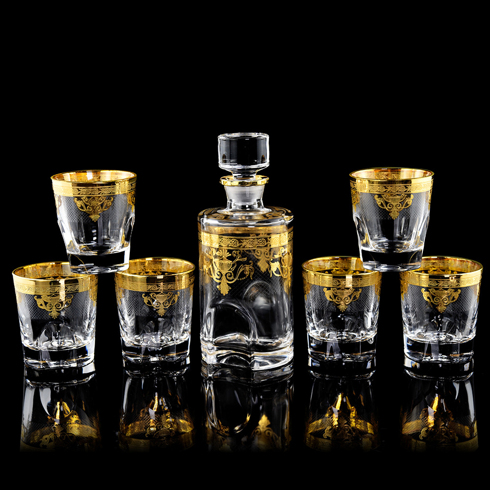 外贸欧式风格金钟杯浮雕花纸酒具套装 水晶玻璃出口酒具礼盒套装