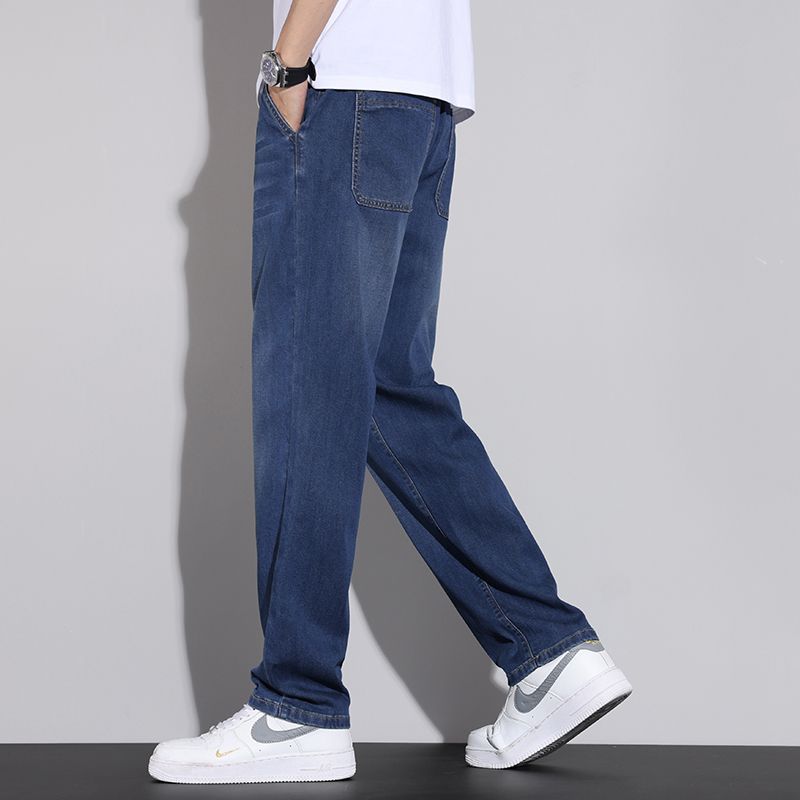 Tencel Lyocell Jeans Men's Spring and Summer Thin Straight Loose Comfortable Business Elastoelastic Waist Casual Trousers