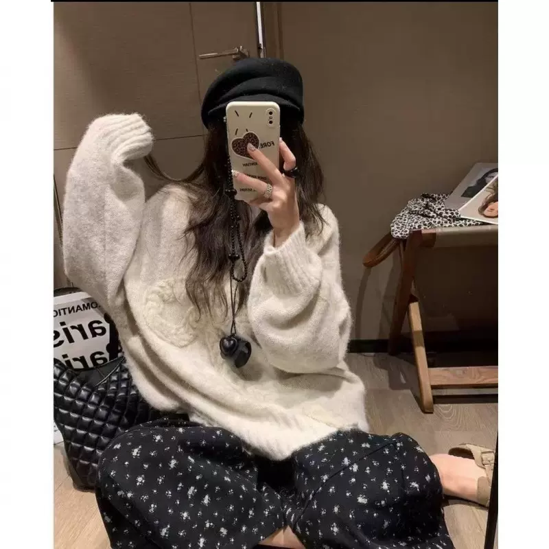 蝴蝶结麻花套头针织衫女秋冬厚宽松慵懒风毛衣松弛感软糯上衣潮