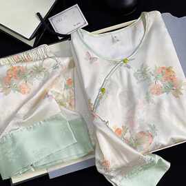 石榴花国风睡衣女冰丝春夏季薄款新中式家居服套装复古提花可外穿