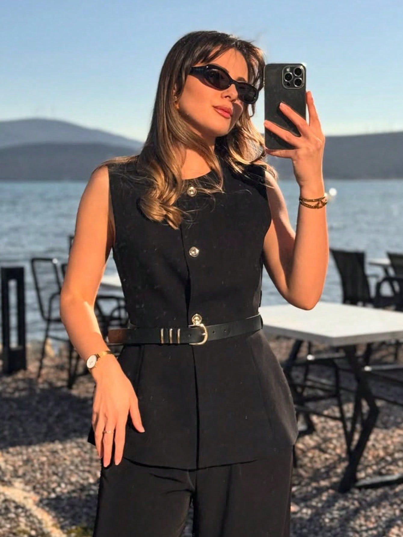 Women's Sleeveless Vest Round Neck Top With Waistband American Style Spring New Collection Regular Polyester_ecoleips.com