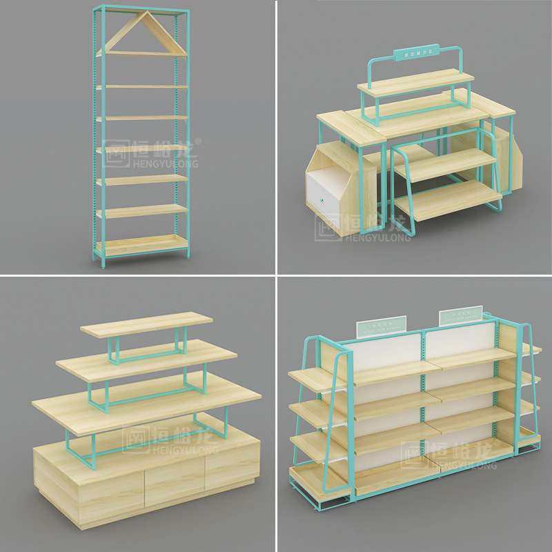 Estantes con estructura de acero y madera para centros comerciales, supermercados, tiendas de conveniencia, farmacias, uso comercial, estantes de supermercado de madera de varias capas.