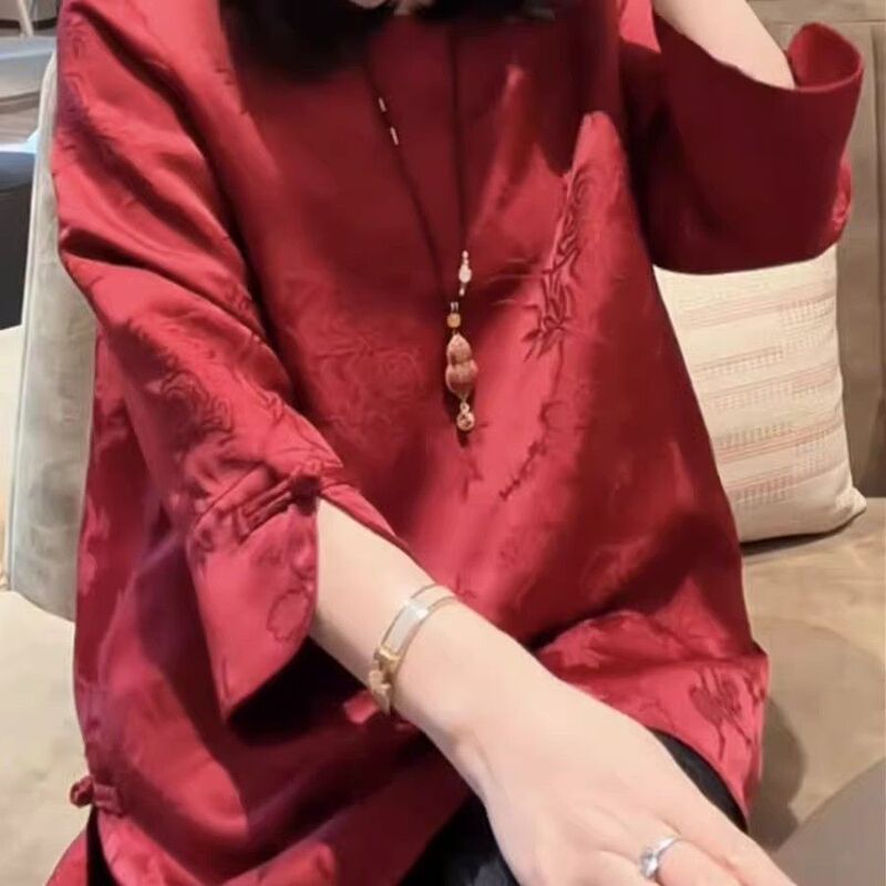 National Style New Chinese Style Three-Quarter Sleeve Jacquard Top for Women, Spring and Summer New Fashion, Elegant, Loose and Slimming Blouse Shirt National Style New Chinese Style Three-Quarter Sleeve Jacquard Top for Women, Spring and Summer New Fashion, Elegant, Loose and Slimming Blouse Shirt