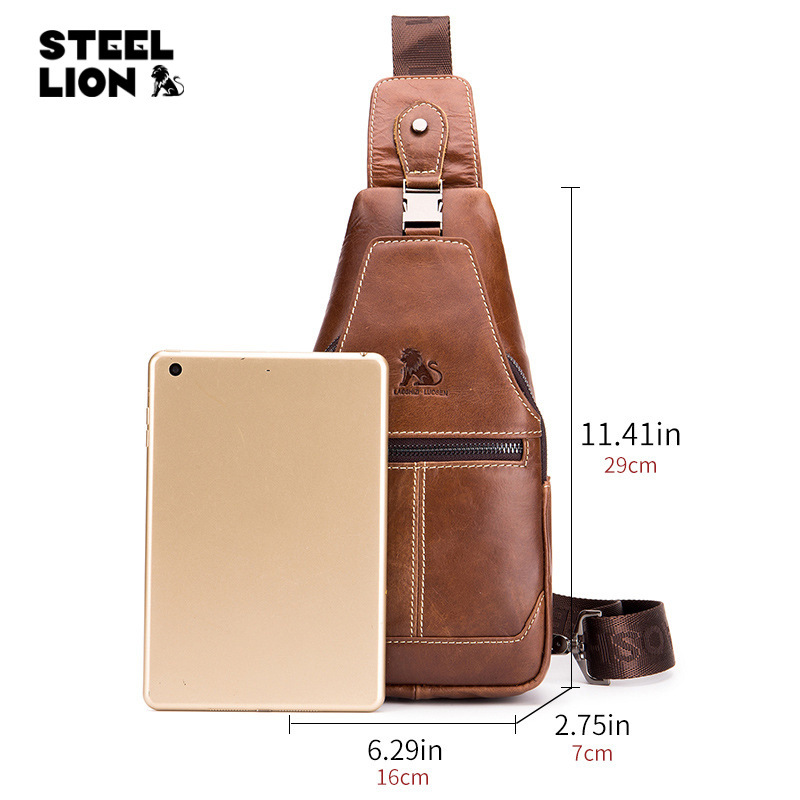 Bolsa de pecho de cuero para hombre primera capa de piel de vaca bolsa de pecho retro estilo casual bolsa de hombro bolsa de cuero de gran capacidad