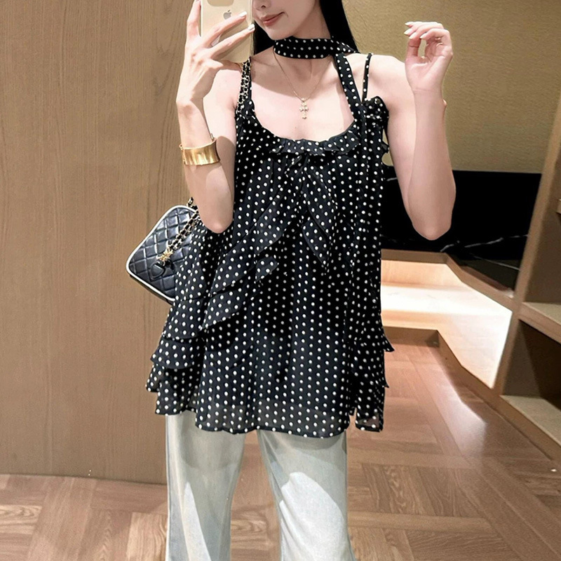 Black Polka Dot Camisole for Women, Summer Vacation Style, Pure and Alluring, Loose Fit, Slimming, Sleeveless, Stunning Outerwear Top