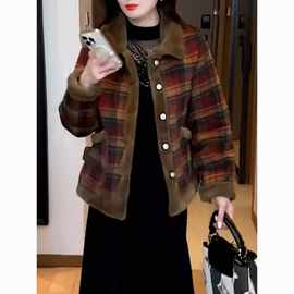 加绒加厚格子毛呢外套冬季2024新款X洋气小个子妈妈短款减龄上衣