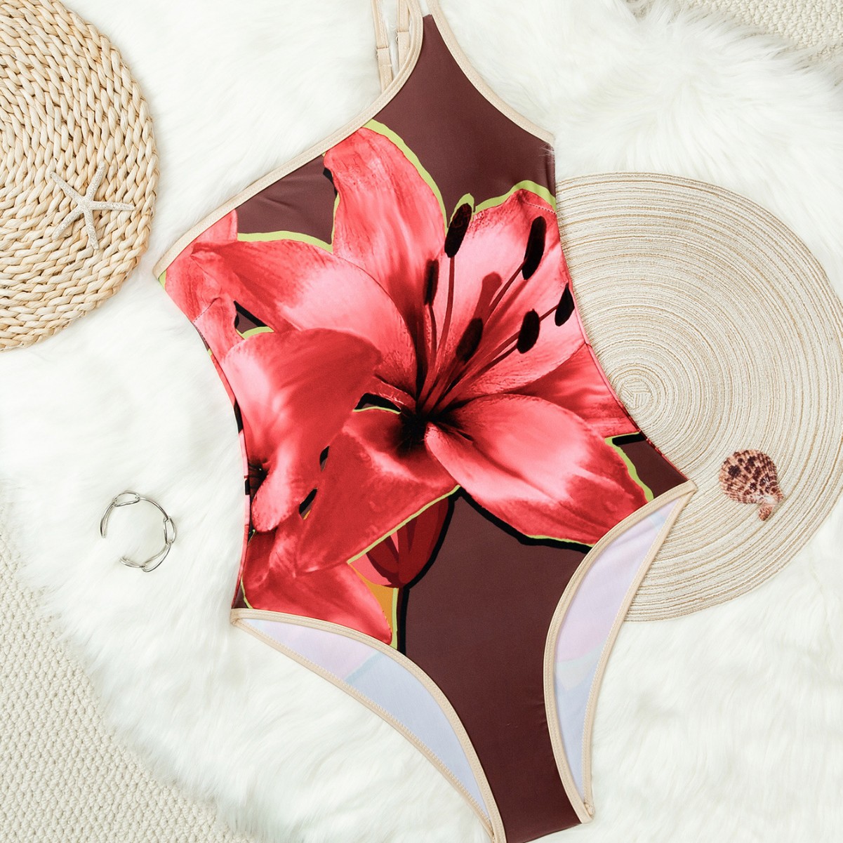 Women's Floral Print Halter One-Piece Swimsuit – Backless & Elegant Cut (S-L, Scarlet Red)_voghion.com