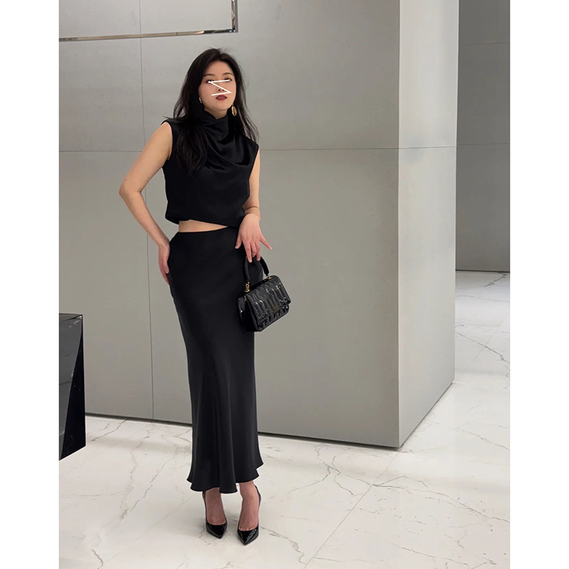 French Style Light Luxury Satin High Collar Draping Straight Vest Short Top Open Waist Slimming Fishtail Skirt Long suit Autumn