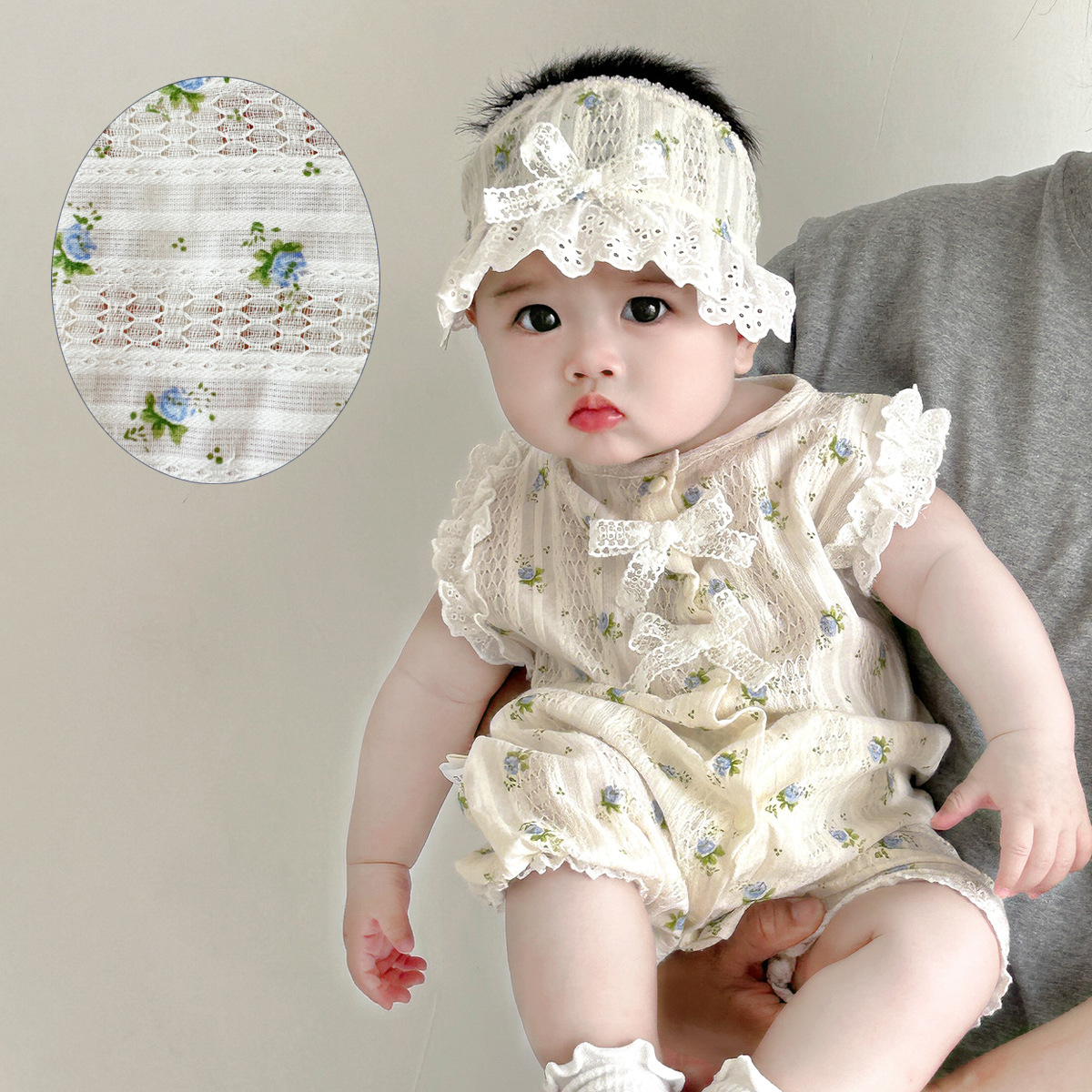 Infant Summer Lace Printed One-Piece Baby Jacquard Cotton Breathable Hole Short Crawling Baby Sleeveless Clothes Z1264