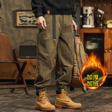 美式重磅复古休闲裤子男加绒加厚多口袋工装裤潮牌秋冬束脚裤批发
