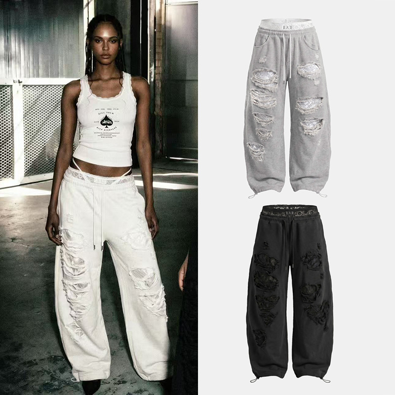 badblood American-style spicy girl ripped casual loose wide-leg pants with lace trim, sweatpants, straight-leg pants, long pants for women badblood American-style spicy girl ripped casual loose wide-leg pants with lace trim, sweatpants, straight-leg pants, long pants for women