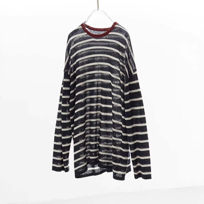 クラシックなストライプは時代を超越しています！リネン混紡プルオーバー長袖Tシャツレディースコントラストカラーカジュアルトップス春夏新作コットンとリネン|undefined