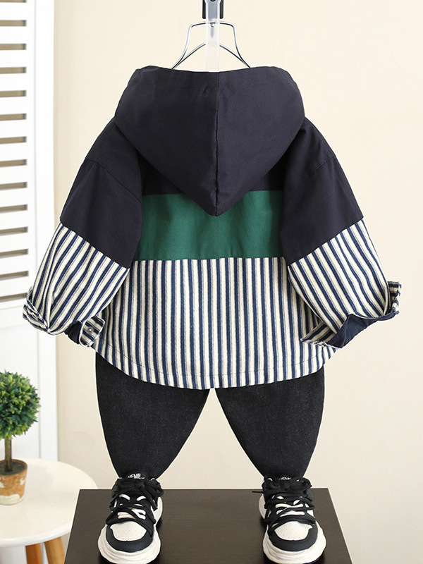 5829 chaqueta de niño primavera y otoño 2025 nueva chaqueta con capucha a rayas de otoño para niños coreanos top casual de bebé
