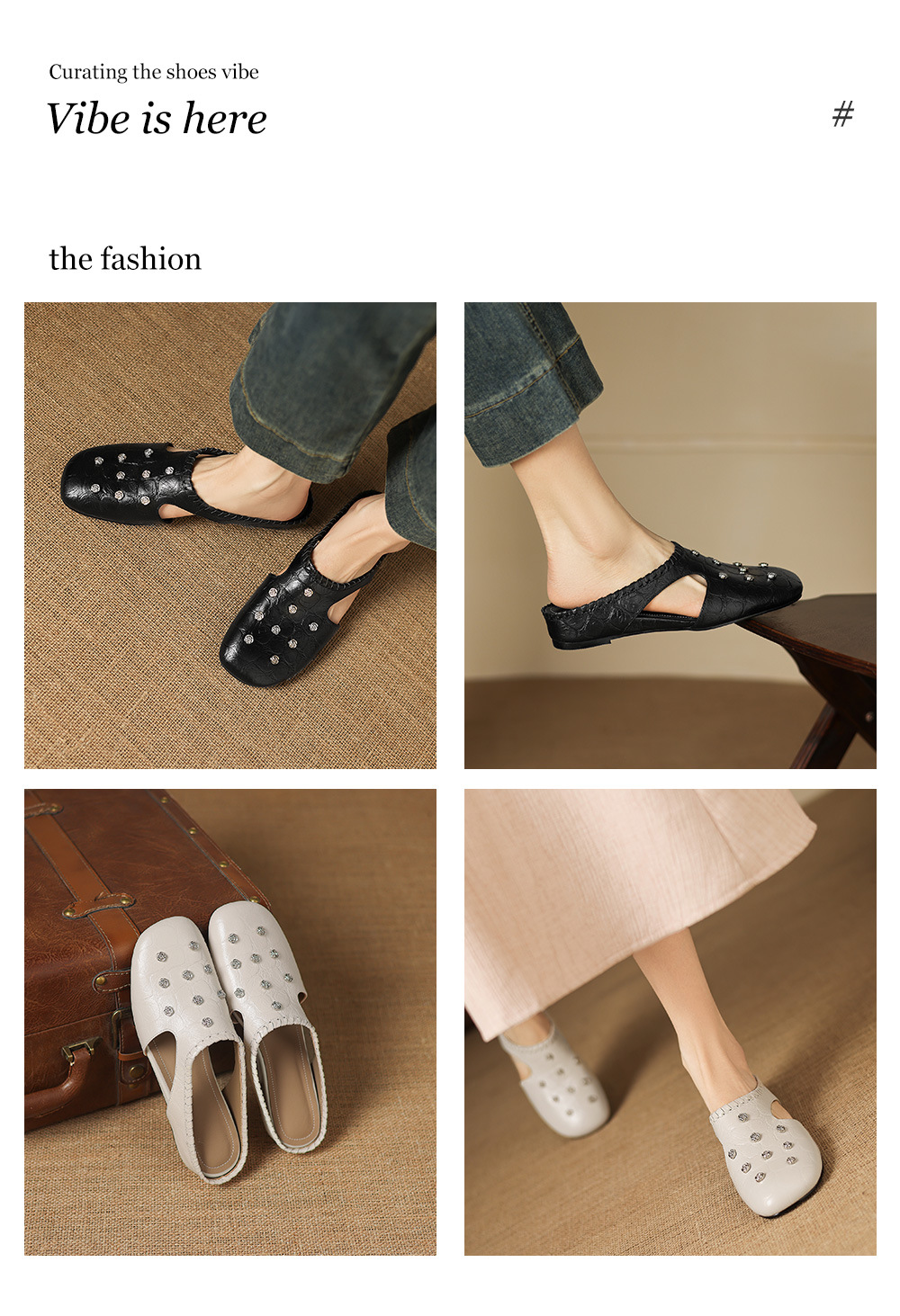 Sandal nữ hở mũi gót thấp da cừu vân đá, hoa đính mũi — đen chi tiết 1