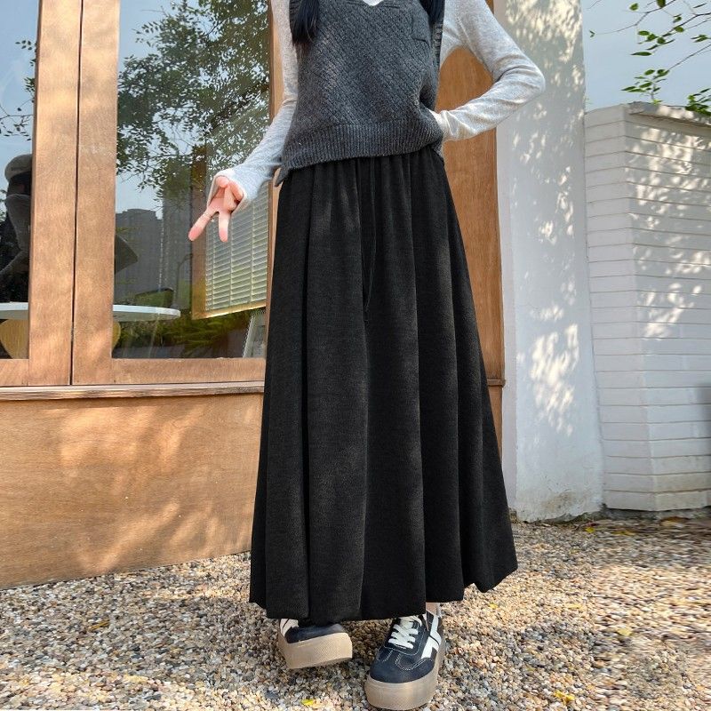 杏色花苞针织糯米半身裙女秋冬加绒裙子中长款高腰小个子a字伞裙|undefined