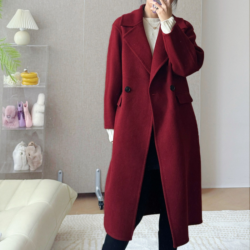 【限定特価】旧正月お祝いレッド10カシミア8ヤク両面ウールコート気質万能コクーンコート|undefined