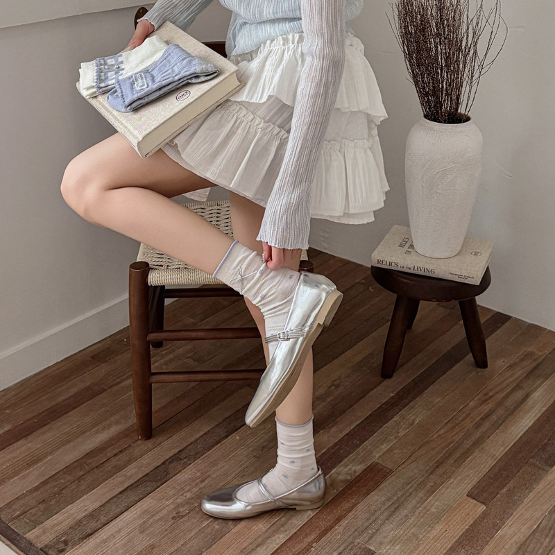 Spring and Summer Korean-Style Patchwork Plaid Ruffled Edge Bowknot Ins Versatile Retro Lace Rhinestone Mid-Tube Women's Socks