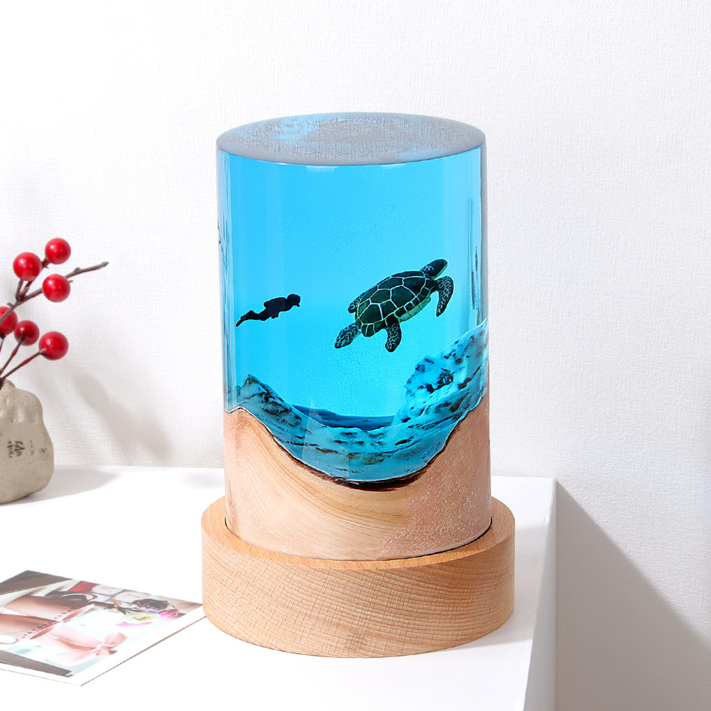 Handmade Micro Landscape Ornaments Ocean Turtle Whale Shark Diver Creative Desktop Cylinder Solid Wood Resin Night Light