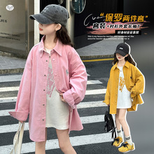 女童秋季时髦条绒衬衫套装2025新款中大童女童春秋长袖T恤两件套