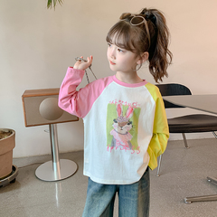 女童長袖T恤薄款春秋款2024新款女孩卡通春季上衣兒童春裝打底衫