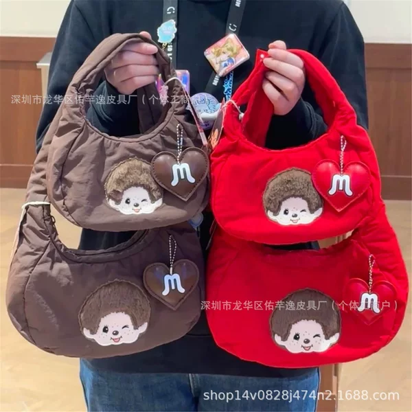 New Cartoon Monchhichi Underarm Bag, Portable Cute Handbag, Large Capacity Dumpling Bag, Adorable Storage Bag, Trendy