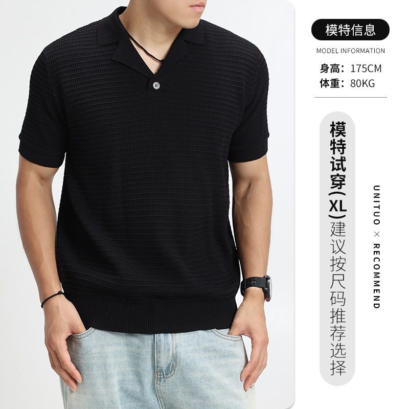 2026 nuevo viejo dinero hombre waffle polo camisa de punto hombre con solapa de manga corta de alto nivel de negocios casual hombre